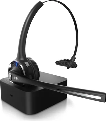 A black CSL mono Bluetooth headset with a flexible microphone is shown resting on its black charging station against a white background.