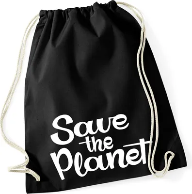 Produktbild von Huuraa Turnbeutel Save the Planet Schriftzug 12 Liter Black Baumwolle Rucksack Geschenkidee
