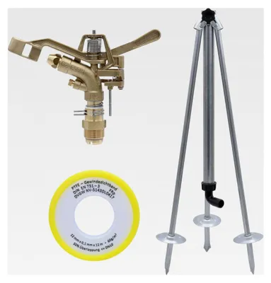 Produktbild von Impulsregner Komplettset mit Kreisregner, Dreibein Stativ und 12m PTFE-Dichtungsband - zur Bewässerung großer Flächen - für Gärten, Sportplätze, Felder und Gärtnereien