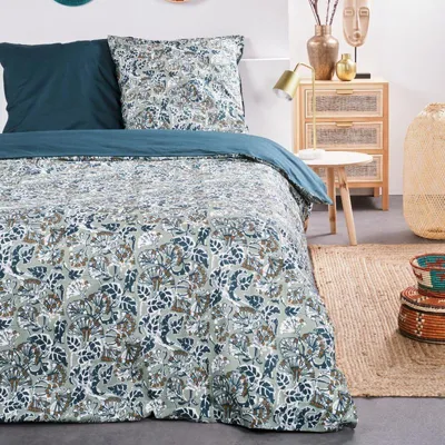 Image de Parure de lit double à imprimé floral en coton"Sunshine" - Bleu et Gris - 220 x 240 cm