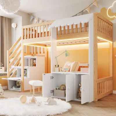 Produktbild von MODFU Holz-Hochbett 90×200 mit Treppe,Kinderbett mit LED und Stauraum,Jugendbett Bettgestell mit Schubladenfächern,Spielbereich und Ablage,ohne Matratze,Holzfarbe