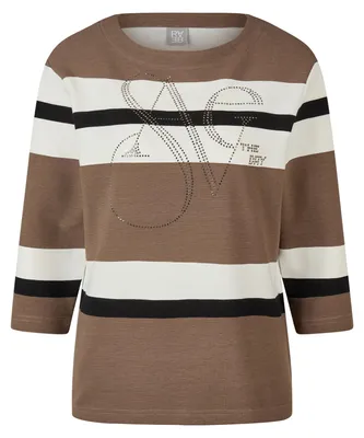 Produktbild von Geripptes T-Shirt in Braun mit U-Boot-Ausschnitt, 3/4-Arm, Steinmotiv und Ringeln, Größe 42