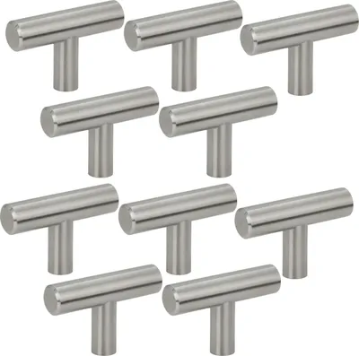 Immagine prodotto di set di 10 pomelli per mobili moderni in acciaio inox spazzolato, resistenti ed eleganti per armadi, cassettiere e porte, con viti di montaggio incluse. Ideale per qualsiasi stile di casa.