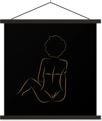 Produktbild von MuchoWow® Textilposter Frau - Schwarz - Gold - Strichzeichnung 60x60 cm mit schwarzem Rahmen - Posteraufhänger