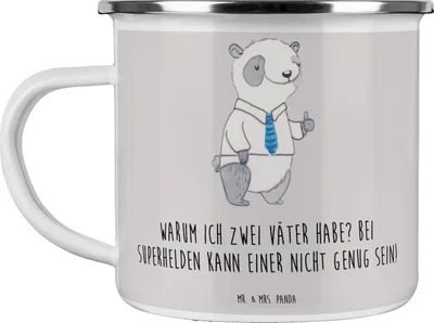 Produktbild von Mr. & Mrs. Panda Emaille Tasse Superhelden Stiefvater - Grau Pastell - Geschenk, Kaffeepott, Unterstützer, Haferl, Superheld, Handarbeit, Stiefkinder, Teetasse, Pott