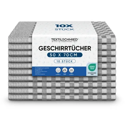 Produktbild von Textilschmied 20 er Set Geschirrtücher Premium super saugfähig und robust, grau kariert aus 100% Baumwolle, 50x70 cm Allzwecktuch, Küchentücher 80 g
