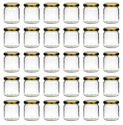 Produktbild von gouveo 30er Set Honiggläser 500g mit Schraub-Deckel goldfarben - Leere Vorratsgläser mit Schraubverschluss TO82 mm - Marmeladengläser zum Befüllen