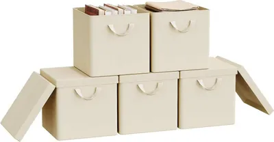Produktbild von WOLTU Faltbare Aufbewahrungsboxen 5 Stück, mit Deckel Metallrahmen, Mehrzweck : Creme 26L(30x30x29 cm) Farbe: Creme Größe: 26L(30x30x29 cm)