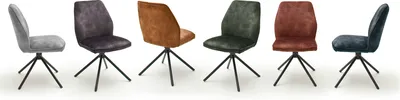 A line of chairs in different colors against a white background.