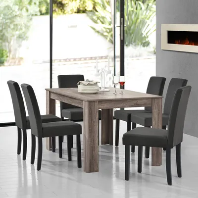 Obrázek produktu pro [en.casa] Jídelní stůl (dub antický) se 6 jídelními židlemi v tmavě šedé barvě - 140x90cm