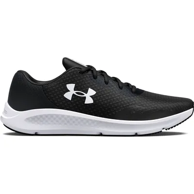 A black and white Under Armour running shoe is shown from the side against a white background.