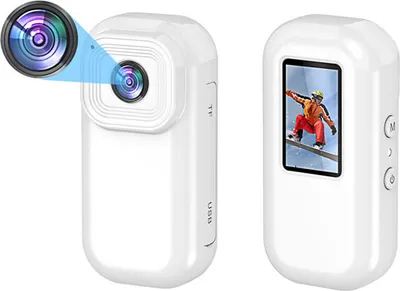 Two views of a white mini action camera against a white background. One view shows the front with the lens and a close-up inset of the lens. The other view shows the back with a small LCD screen displaying a snowboarder.