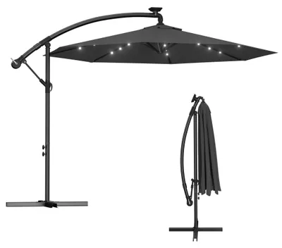 Image de Parasol en aluminium, diamètre 300 cm, avec manivelle, hauteur réglable, protection UV 40+, éclairage LED intégré, couleur gris foncé