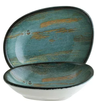 Immagine prodotto di 6 ciotoline ovali in porcellana turchese, blu e verde, della collezione "Bonna Madera Mint", dimensioni 10 cm x 3 cm di profondità. Ideali come ciotoline per salse, snack o come parte della tavola. Codice prodotto: MDRMTVAO10KS