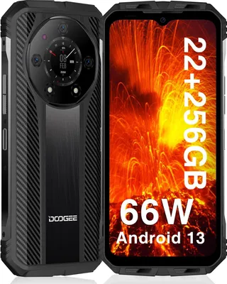 A product shot of a rugged smartphone, displayed next to a marketing graphic.