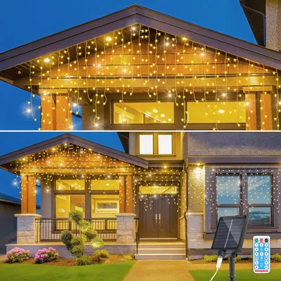 Image de Guirlande lumineuse solaire LED ISOISL, 15 mètres, pour l'extérieur, étanche, effet "pluie de glace" avec 600 LED, rideau lumineux en forme de stalactites, avec télécommande, pour intérieur et extérieur, jardin, décoration, lumière blanche chaude