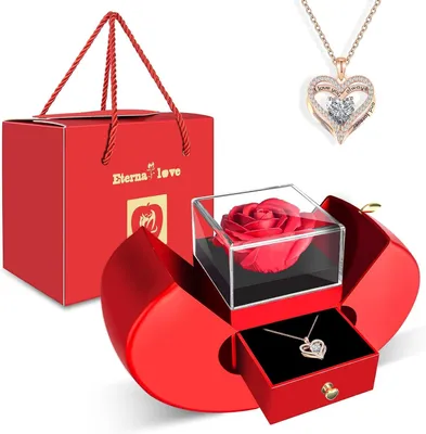 Konservierte rote Rose mit Herz-Anhänger-Kette, Geschenkbox