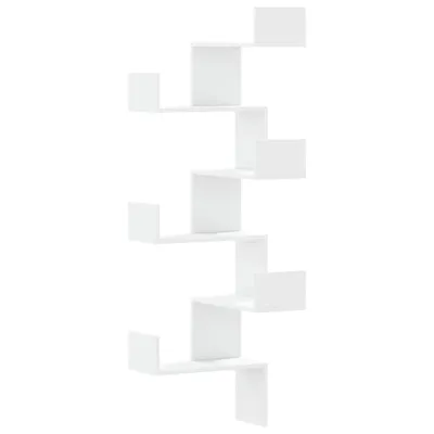 A white, zig-zag shaped wall shelf unit against a white background.