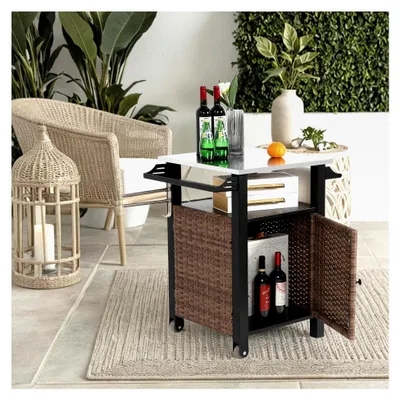 Produktbild von Barwagen mit einer Tür, Outdoor-Küchen-Wicker-Insel, rollbarer Wagen und Stauraum, mit Rädern und Edelstahl-Tischplatte, seitlichem Griff für die Terrasse oder die Bar, braun
