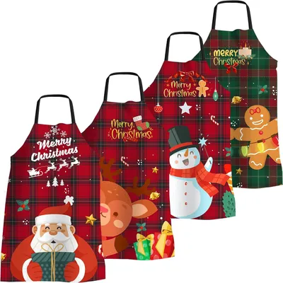 Produktbild von 4 Stück Weihnachtsschürze Lustig Weihnachten Kochschürze für Frauen Männer Verstellbare Küchenschürzen Wasserdichte Schürze für Küche Backen Grillparty Weihnachtensparty, Kariert