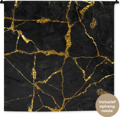 Produktbild von MuchoWow® Wandteppich Wandbehang Marmor - Gold - Schwarz - Marmoroptik - Glitter 120x120 cm Tapisserie Dekoration Wandtuch - Modern - Baumwollgewebe