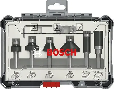 Obrázok produktu pre Sada fréz, 6-dielna, 6 mm stopka, zaobľovacia fréza, zrážacie frézy, fréza na zrážanie hrán, Bosch 2607017468