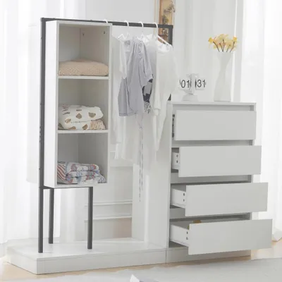 Zdjęcie produktu dla Szafa – 140 x 40 x 135 cm – z drążkiem na wieszaki – z wieloma szufladami – płyta wiórowa – biała