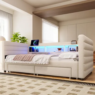 Produktbild von STILVORA Schlafsofa 90×190 mit LED-Beleuchtung&Ausziehbett,Tagesbett Daybett mit USB- und Typ-C-Anschlüssen,Jugendbett mit Schublade&Ablagefach,Ohne Matratze,Beige