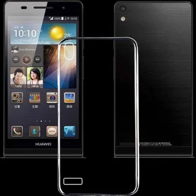 A Huawei Ascend P6 smartphone is shown next to a transparent phone case, with the back of the phone also visible.