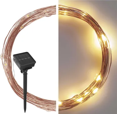 LED nano řetěz se solárním panelem, měděný, 12 m, venkovní i vnitřní, teplá bílá, časovač