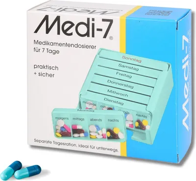 A product box for a 7-day medication dispenser, with the dispenser and pills shown.