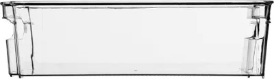 A clear, empty plastic storage container, likely for a refrigerator.
