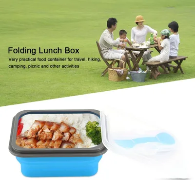 Image de boîte à lunch portative pliable en silicone de 600 ml Bols pliables Contenants de conservation des aliments Bleu