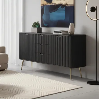 Produktbild von Kommode Porto 2D3S 168 cm Schwarz mit Zwei Türen, Drei Schubladen und Goldenen Metallfüßen