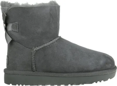 A single gray UGG boot with a bow on the back, shown from the side against a white background.