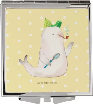 Produktbild von Mr. & Mrs. Panda Kosmetikspiegel Robbe Sherlock - Gelb Pastell - Geschenk, Lustige Sprüche, Klappbarer Spiegel, Handspiegel, Schminkspiegel, Taschenspiegel, Quadratischer
