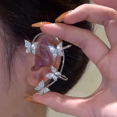 Produktbild von 1 Paar Clip-Ohrringe, Schmetterlings-Strass-Schmuck, Temperament-Bogen-Ohrmanschetten für den täglichen Gebrauch