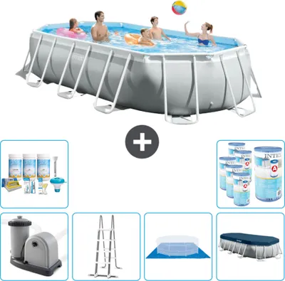 Produktbild von Intex Oval Prism Frame Swimmingpool – 503 x 274 x 122 cm – Grau – inklusive Pumpe – Leiter – Bodenplane – Abdeckung Wartungspaket - Filter