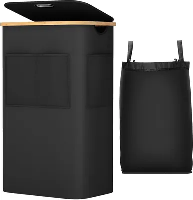 Wäschekorb 105 l mit Deckel, Bambusgriffen, Oxford-Stoff, schwarz