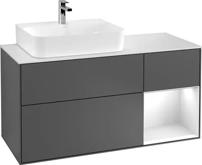 Produktbild von Villeroy & Boch Waschtischunterschrank FINION 1200 x 603 x 501 mm, mit Abdeckplatte Glas Black Matt Regalelement White Matt Lacquer Walnut Veneer