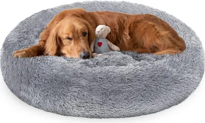 Image de Lit pour chien Eikuavons, 100 cm, gris clair. Panier doux et rond pour animaux de compagnie, en peluche longue, avec un bord surélevé et un fond antidérapant