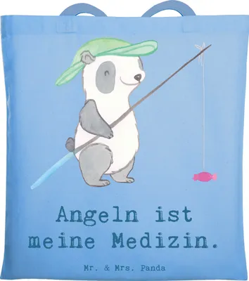 Produktbild von Mr. & Mrs. Panda Shopping Tasche Panda Angeln - Sky Blue - Geschenk, Jutebeutel, Tote Bag, Tragetasche, Angelsport, Hobbyangler, Laptoptasche, Angelverein, gehen, Angler