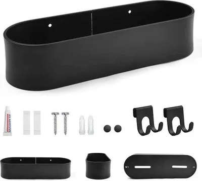 Immagine prodotto di Portaoggetti da doccia Unyqoos® in alluminio inossidabile, senza fori e autoadesivo, 28 x 9,3 x 6 cm, cestello da doccia con 2 ganci, colore nero