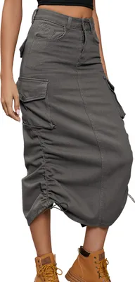 Produktbild von ASKSA Damen Y2K Cargo Roecke Jeans Bleistiftrock High Waist Elegant Kordelzug Midi Rock mit Taschen, Dunkelgrau, XL