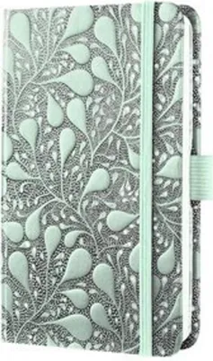 A close-up, front-facing view of a notebook with a decorative cover.