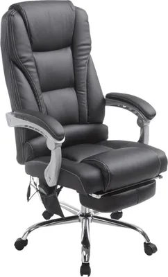 A black office chair with a footrest and massage function is shown against a white background.
