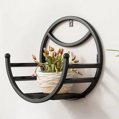 Produktbild von Metall-Wandblumenhalter, Runder Pflanzenständer, Kreatives Wandregal, Stabile Pflanzenhalterung,Vielseitige Wanddekoration, 25x15x25cm, Schwarz