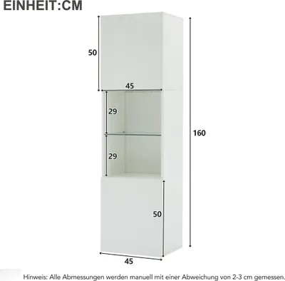 Produktbild von okwish Vitrine,Hochschrank,45*35*160 cm,Aufbewahrungsschrank,Highboard,Beistellschrank, Lagerschrank mit LED-Beleuchtung 1 Glasboden,Weiß