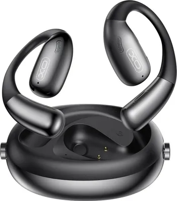 A pair of black wireless earbuds with a charging case.