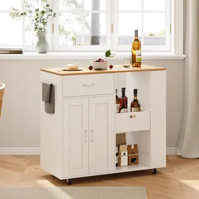 Produktbild von Kücheninsel mit Arbeitsplatte Rollbarer Küchenwagen & Servierwagen mit Schublade Freistehende Kücheninsel auf Rollen für Küche, Esszimmer & Outdoor Weiß B102 x H92 x T46 cm